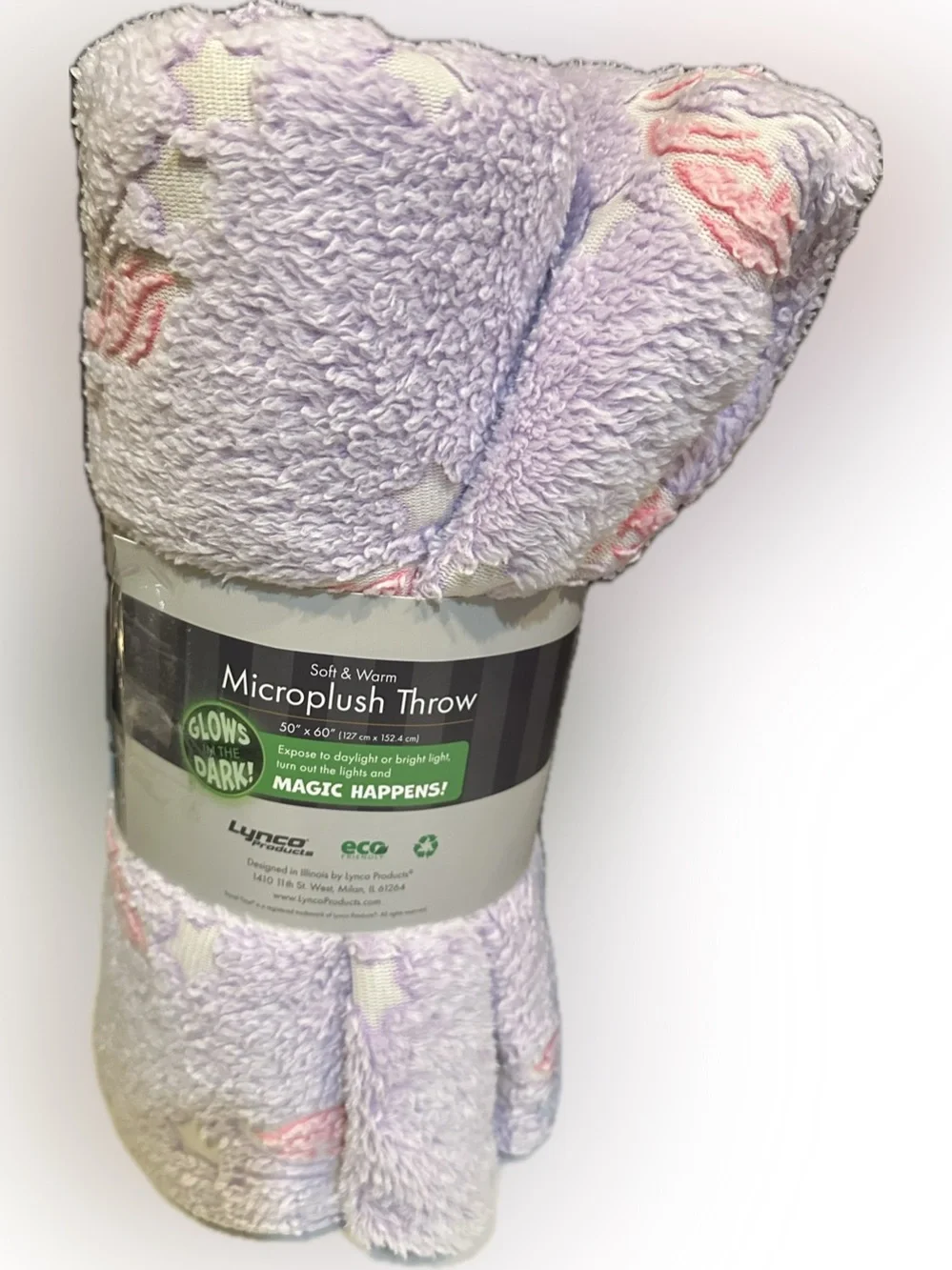 TRAVEL TIME MICROPLUSH THROW BLANKET SOFT WARM PURPLE PINK UNICORN 50”x 60” GLOW